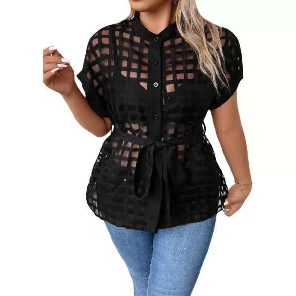 Floerns Women's Plus Size Short Sleeve Button Down Mock Neck Belted Shirt Blouse