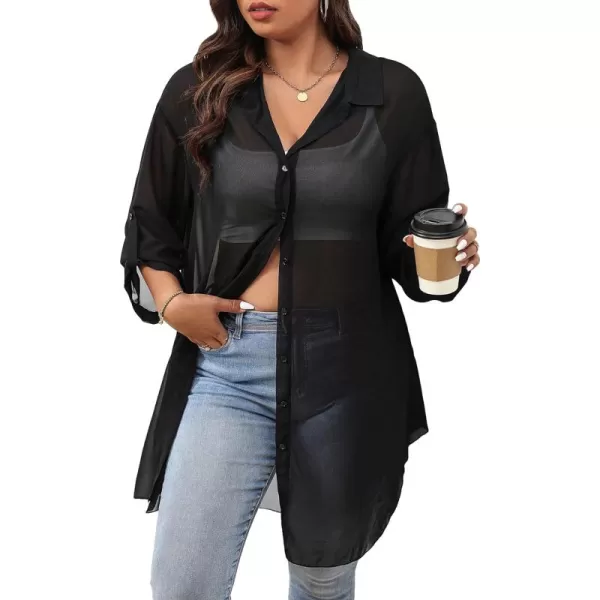 Floerns Women's Plus Size Tab Sleeve Button Front Lapel Collar Shirt Blouse