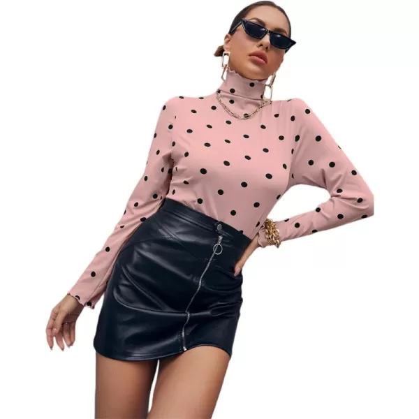 Floerns Women's Polka Dot Slim Fit High Neck Lettuce Trim Long Sleeve Tee Shirt Top