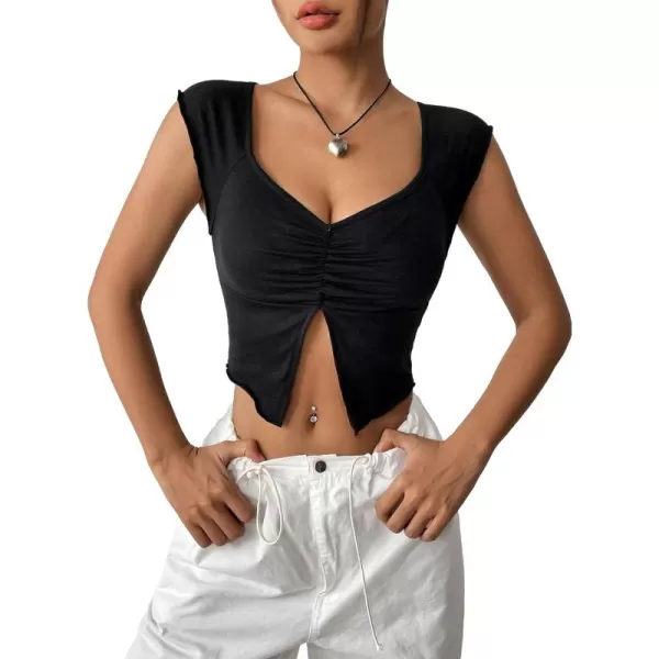 Floerns Women's Ruched Raglan Cap Sleeve Sweetheart Neck Split Hem Crop Top Tee