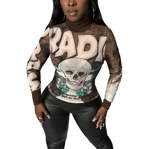 Floerns Women's Sheer Mesh Long Sleeve Turtleneck Streetwear Tee Shirt