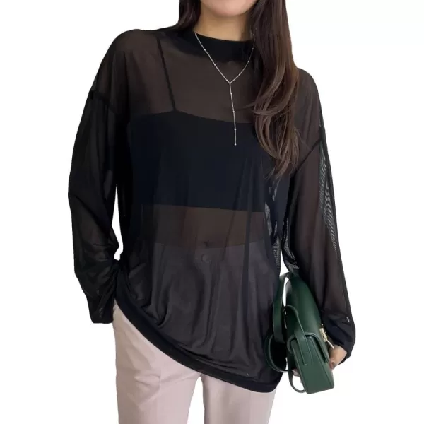 Floerns Women's Sheer Solid Mock Neck Long Sleeve Blouse Top Without Tank Top