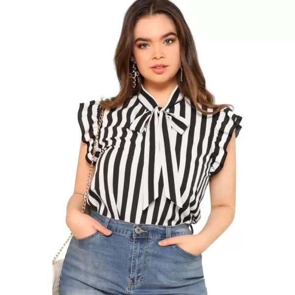 Floerns Women's Sleeveless Bow Tie Striped Summer Chiffon Blouse Top
