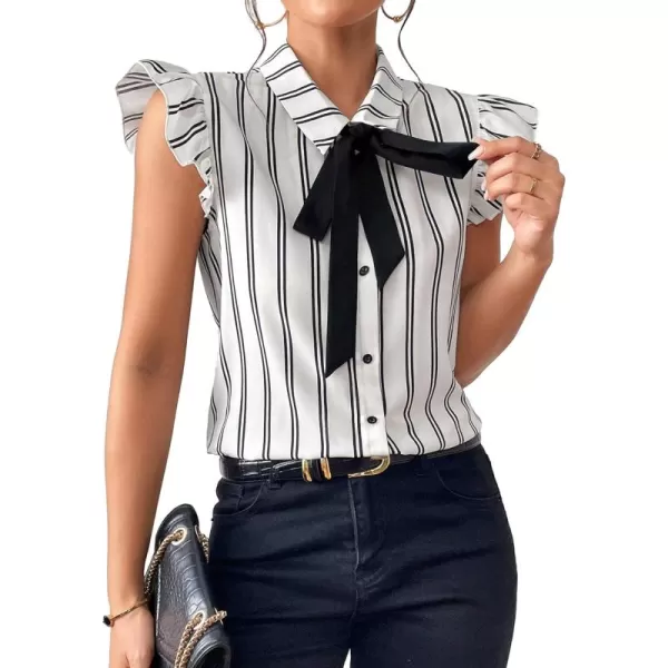 Floerns Women's Sleeveless Bow Tie Striped Summer Chiffon Blouse Top