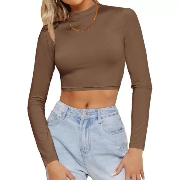 Floerns Women's Solid Long Sleeve Rib Knit Mock Neck Crop Top Tee Shirt