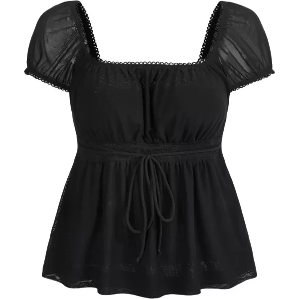 Floerns Women's Square Neck Ruched Bust Knot Front Puff Sleeve Peplum Blouse Top