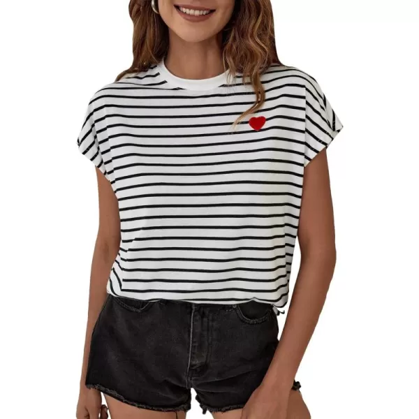 Floerns Women's Striped Print Batwing Cap Sleeve Round Neck Casual Tee Shirt