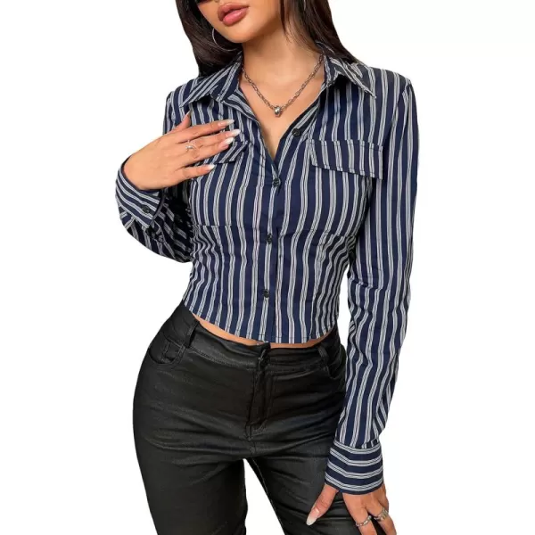 Floerns Women's Striped Print Flap Pocket Button Down Lapel Collar Shirt Blouse