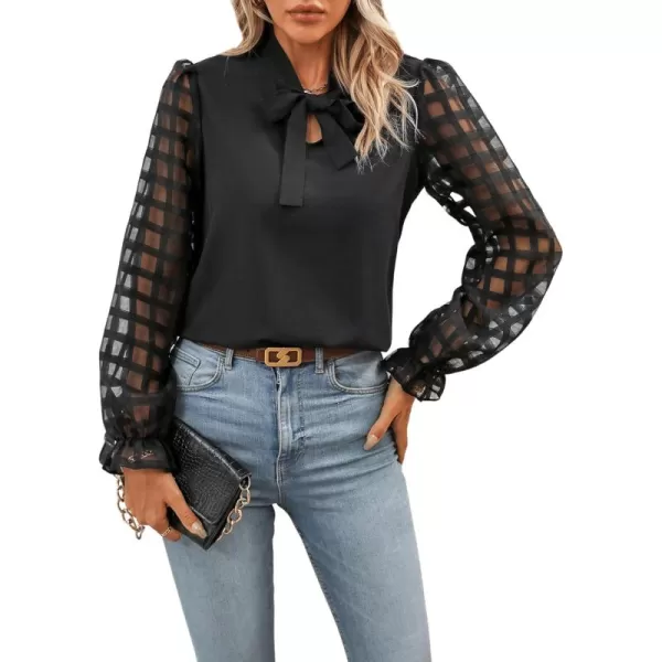 Floerns Women's Tie Neck Mesh Insert Blouse V Neck Flounce Long Sleeve Shirt Top