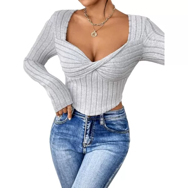 Floerns Women's Twist Front Sweetheart Neck Long Sleeve Rib Knit High Stretch Asymmetrical Hem Tee Shirt Top