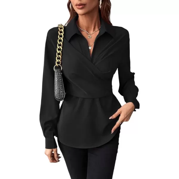 Floerns Women's Wrap Front Long Sleeve Peplum Blouse Tie Back Elegant Shirt Top