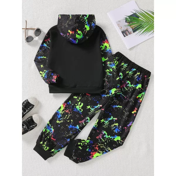 Floerns Boys 2 Piece Outfit Reflective Ink Splatter Long Sleeve Hoodie With Sweatpants Set