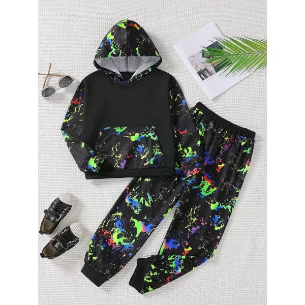 Floerns Boys 2 Piece Outfit Reflective Ink Splatter Long Sleeve Hoodie With Sweatpants Set