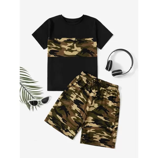 Floerns Boys 2 Piece Outfits Print Short Sleeve Camo Tee Shirt and Drawstring Shorts Set
