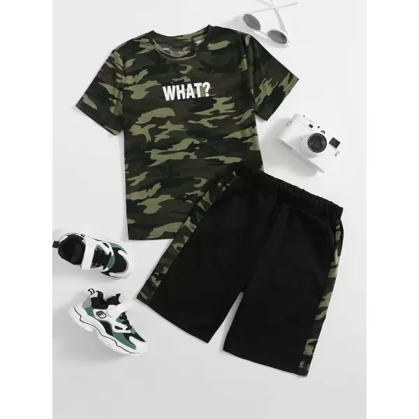 Floerns Boys 2 Piece Outfits Print Short Sleeve Camo Tee Shirt and Drawstring Shorts Set