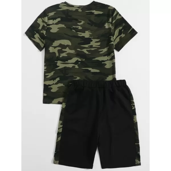 Floerns Boys 2 Piece Outfits Print Short Sleeve Camo Tee Shirt and Drawstring Shorts Set