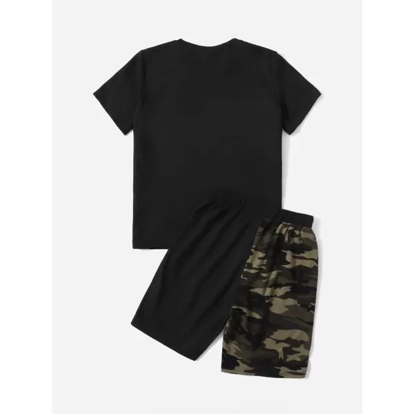 Floerns Boys 2 Piece Outfits Print Short Sleeve Camo Tee Shirt and Drawstring Shorts Set