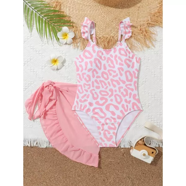 Floerns Girls 2 Piece Leopard Print Ruffle Trim One Piece Swimsuit with Cover Up