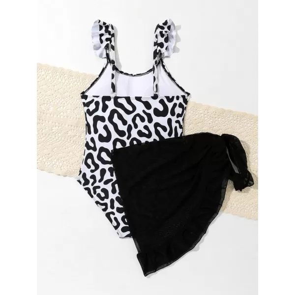 Floerns Girls 2 Piece Leopard Print Ruffle Trim One Piece Swimsuit with Cover Up