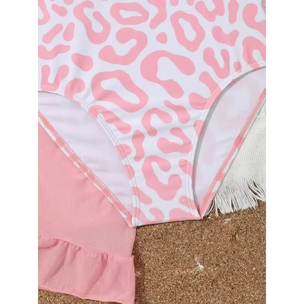 Floerns Girls 2 Piece Leopard Print Ruffle Trim One Piece Swimsuit with Cover Up