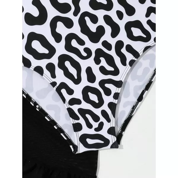 Floerns Girls 2 Piece Leopard Print Ruffle Trim One Piece Swimsuit with Cover Up