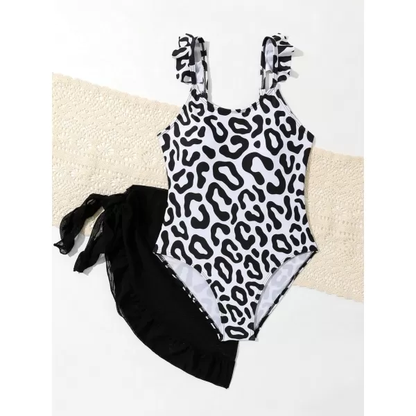 Floerns Girls 2 Piece Leopard Print Ruffle Trim One Piece Swimsuit with Cover Up