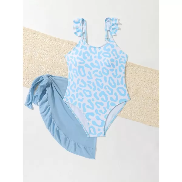 Floerns Girls 2 Piece Leopard Print Ruffle Trim One Piece Swimsuit with Cover Up