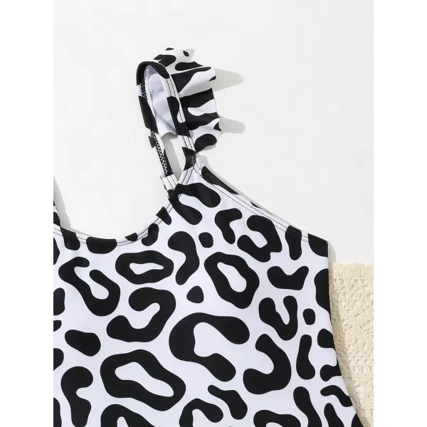 Floerns Girls 2 Piece Leopard Print Ruffle Trim One Piece Swimsuit with Cover Up