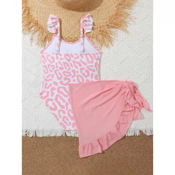 Floerns Girls 2 Piece Leopard Print Ruffle Trim One Piece Swimsuit with Cover Up