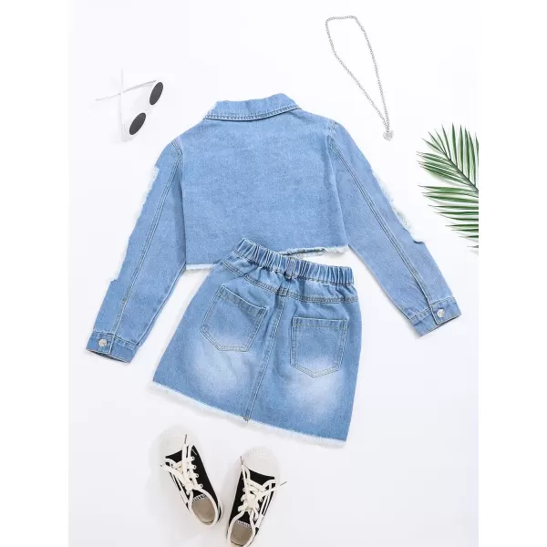 Floerns Girl's 2 Piece Outfit Collared Button Up Long Sleeve Denim Jacket And Short Skirt Set