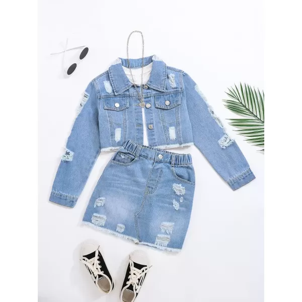 Floerns Girl's 2 Piece Outfit Collared Button Up Long Sleeve Denim Jacket And Short Skirt Set