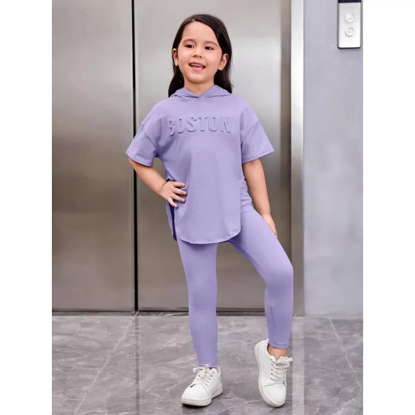 Floerns Girls 2 Piece Outfit Letter Pattern Short Sleeve Hooded Tee with Legging Set