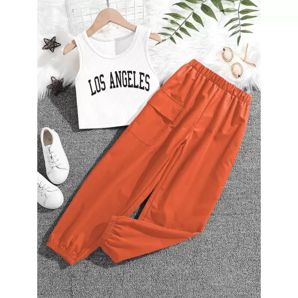 Floerns Girls 2 Piece Outfit Letter Print Rib Knit Crop Tank Top and Cargo Pants