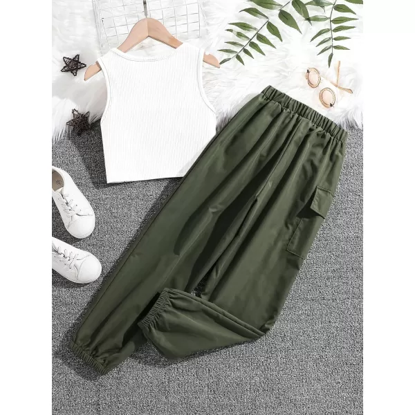 Floerns Girls 2 Piece Outfit Letter Print Rib Knit Crop Tank Top and Cargo Pants