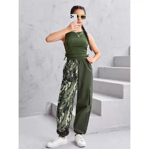 Floerns Girls 2 Piece Outfit Letter Print Rib Knit Crop Tank Top and Cargo Pants