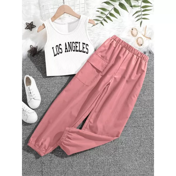 Floerns Girls 2 Piece Outfit Letter Print Rib Knit Crop Tank Top and Cargo Pants