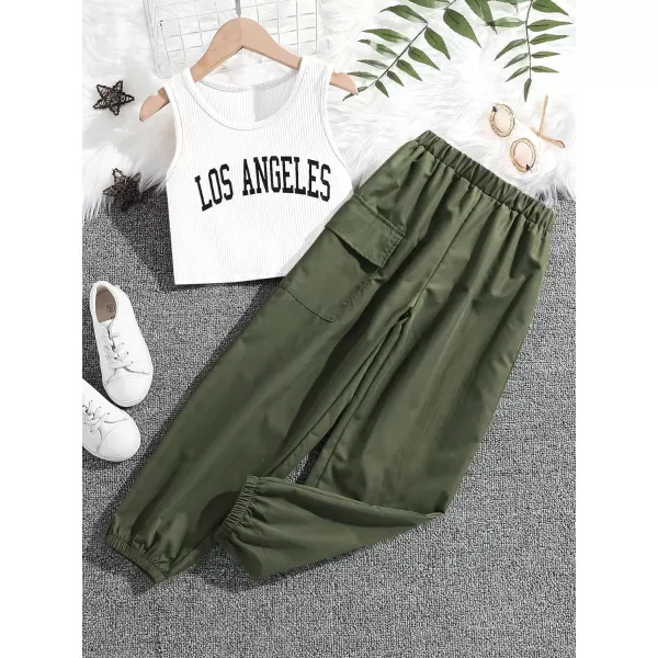 Floerns Girls 2 Piece Outfit Letter Print Rib Knit Crop Tank Top and Cargo Pants