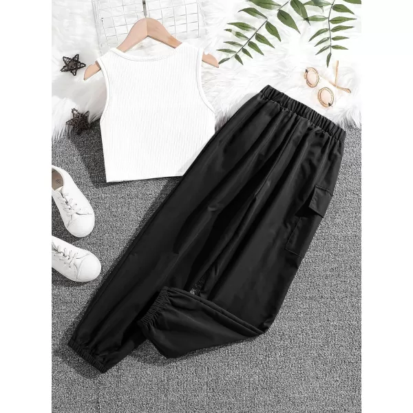 Floerns Girls 2 Piece Outfit Letter Print Rib Knit Crop Tank Top and Cargo Pants