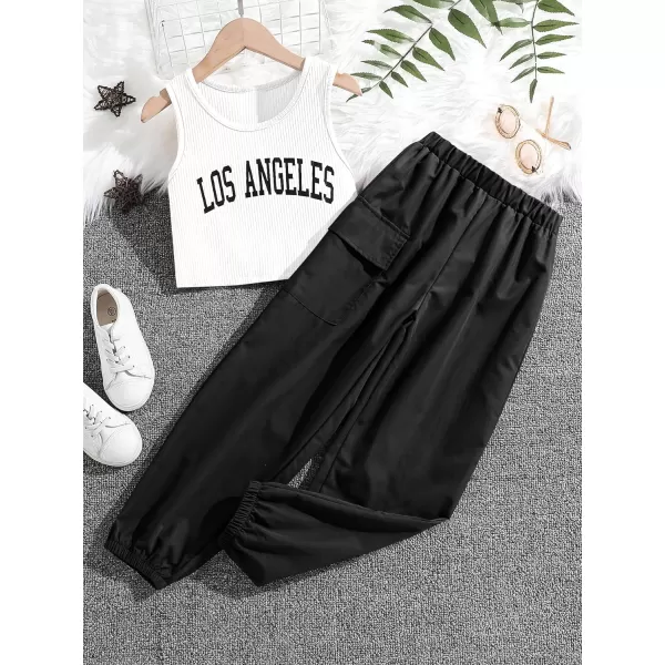 Floerns Girls 2 Piece Outfit Letter Print Rib Knit Crop Tank Top and Cargo Pants