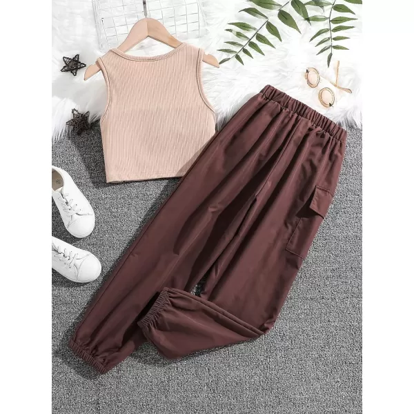 Floerns Girls 2 Piece Outfit Letter Print Rib Knit Crop Tank Top and Cargo Pants