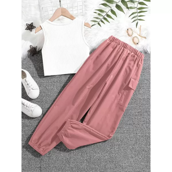 Floerns Girls 2 Piece Outfit Letter Print Rib Knit Crop Tank Top and Cargo Pants