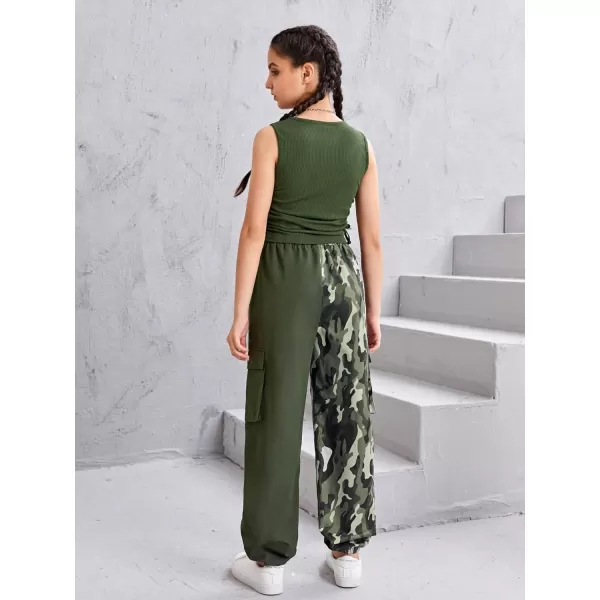 Floerns Girls 2 Piece Outfit Letter Print Rib Knit Crop Tank Top and Cargo Pants