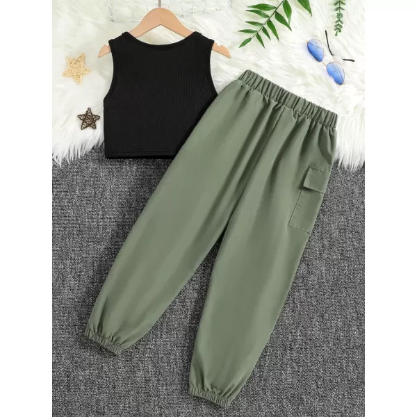 Floerns Girls 2 Piece Outfit Letter Print Rib Knit Crop Tank Top and Cargo Pants