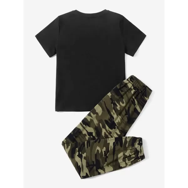 Floerns Girls 2 Piece Outfit Letter Print Short Sleeve Tee Shirt Camo Pants Set
