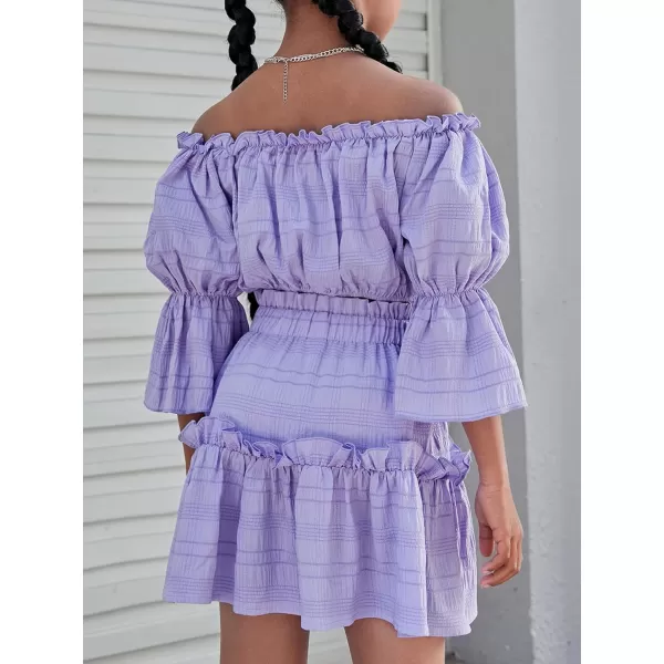 Floerns Girls 2 Piece Outfit Off Shoulder Ruffle Hem Blouse Top with Skirt Set