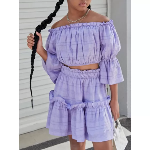 Floerns Girls 2 Piece Outfit Off Shoulder Ruffle Hem Blouse Top with Skirt Set