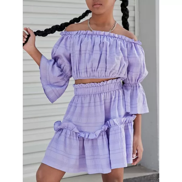 Floerns Girls 2 Piece Outfit Off Shoulder Ruffle Hem Blouse Top with Skirt Set