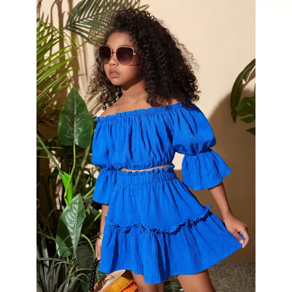 Floerns Girls 2 Piece Outfit Off Shoulder Ruffle Hem Blouse Top with Skirt Set