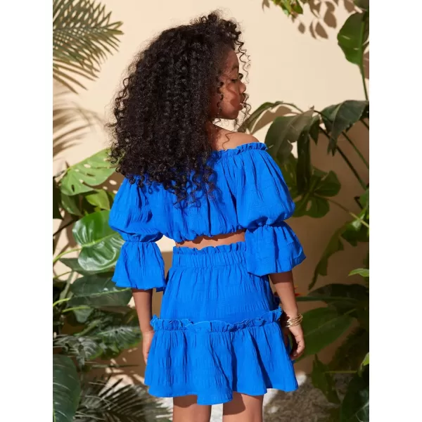 Floerns Girls 2 Piece Outfit Off Shoulder Ruffle Hem Blouse Top with Skirt Set