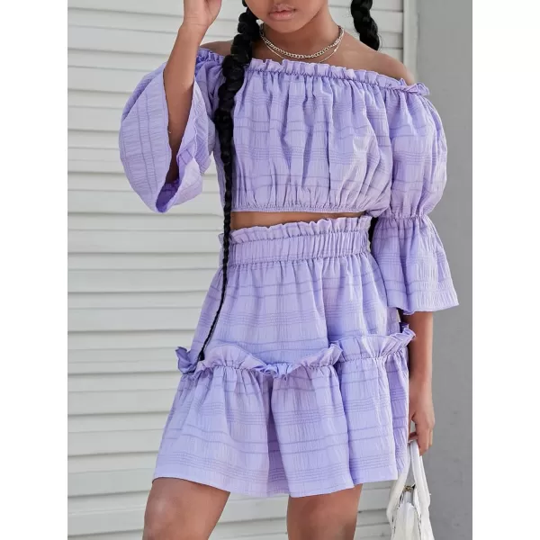 Floerns Girls 2 Piece Outfit Off Shoulder Ruffle Hem Blouse Top with Skirt Set